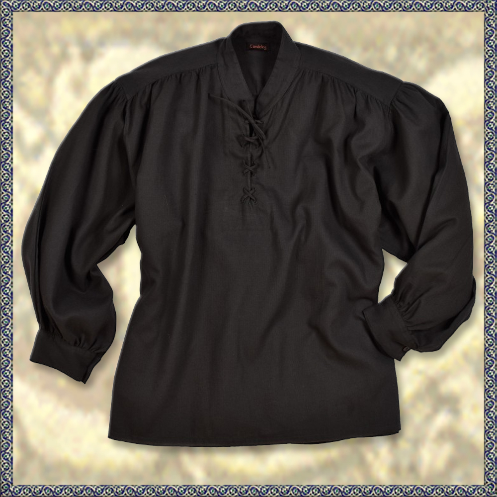 Mittelalter-Hemd mit Stehkragen und Schnürung, schwarz